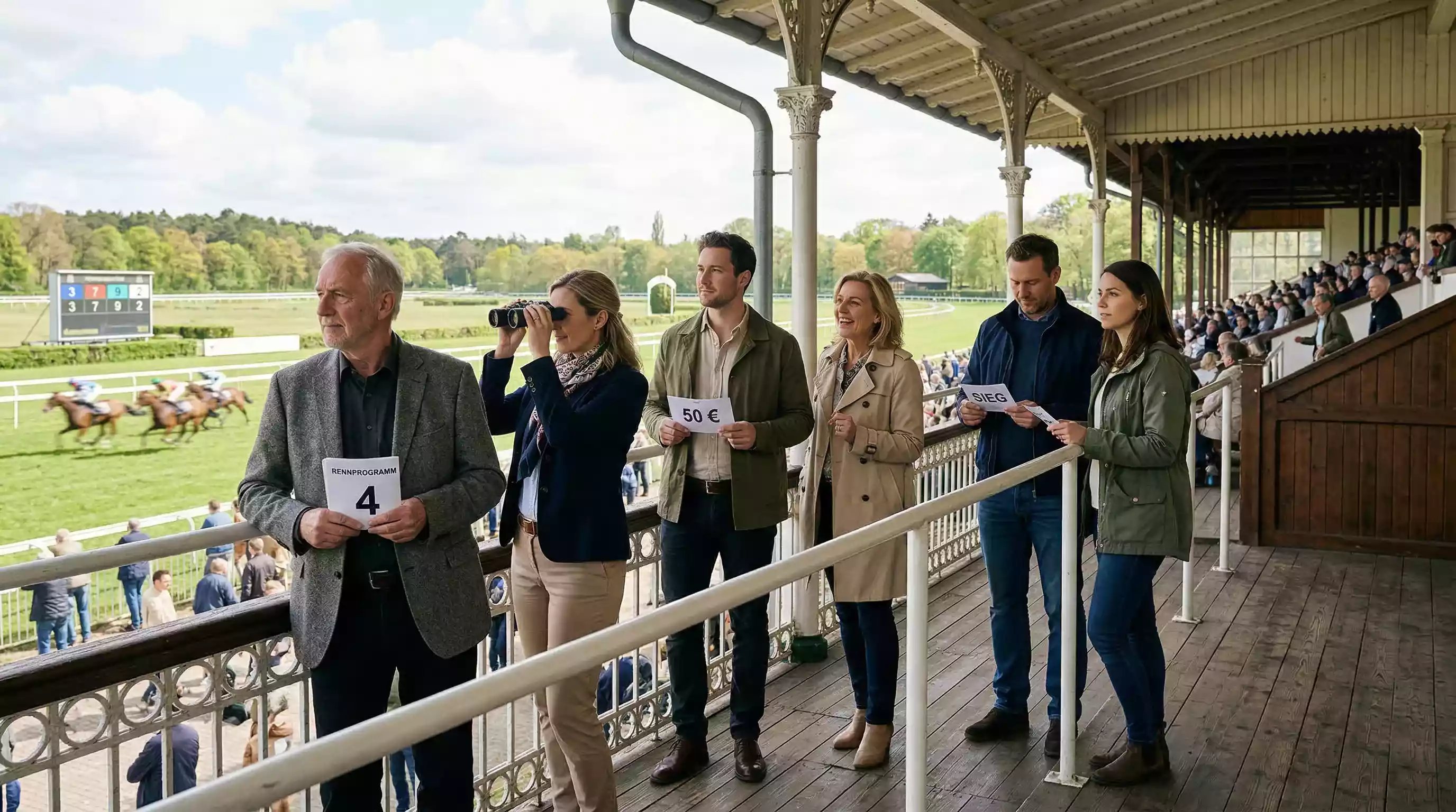 Zuschauer auf einer Galopprennbahn verfolgen das Rennen