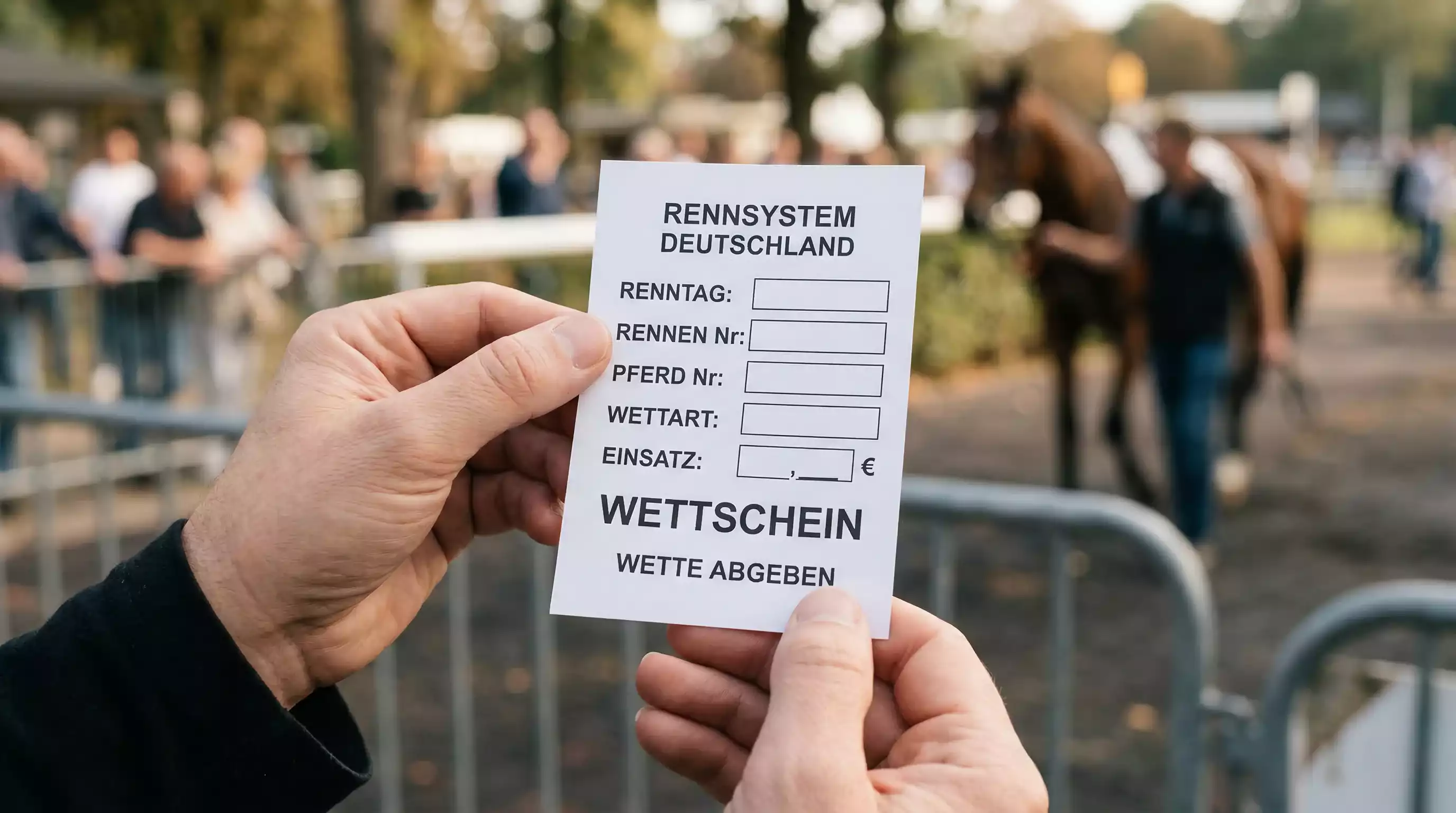 Hand hält einen Wettschein vor einer Rennbahn-Kulisse