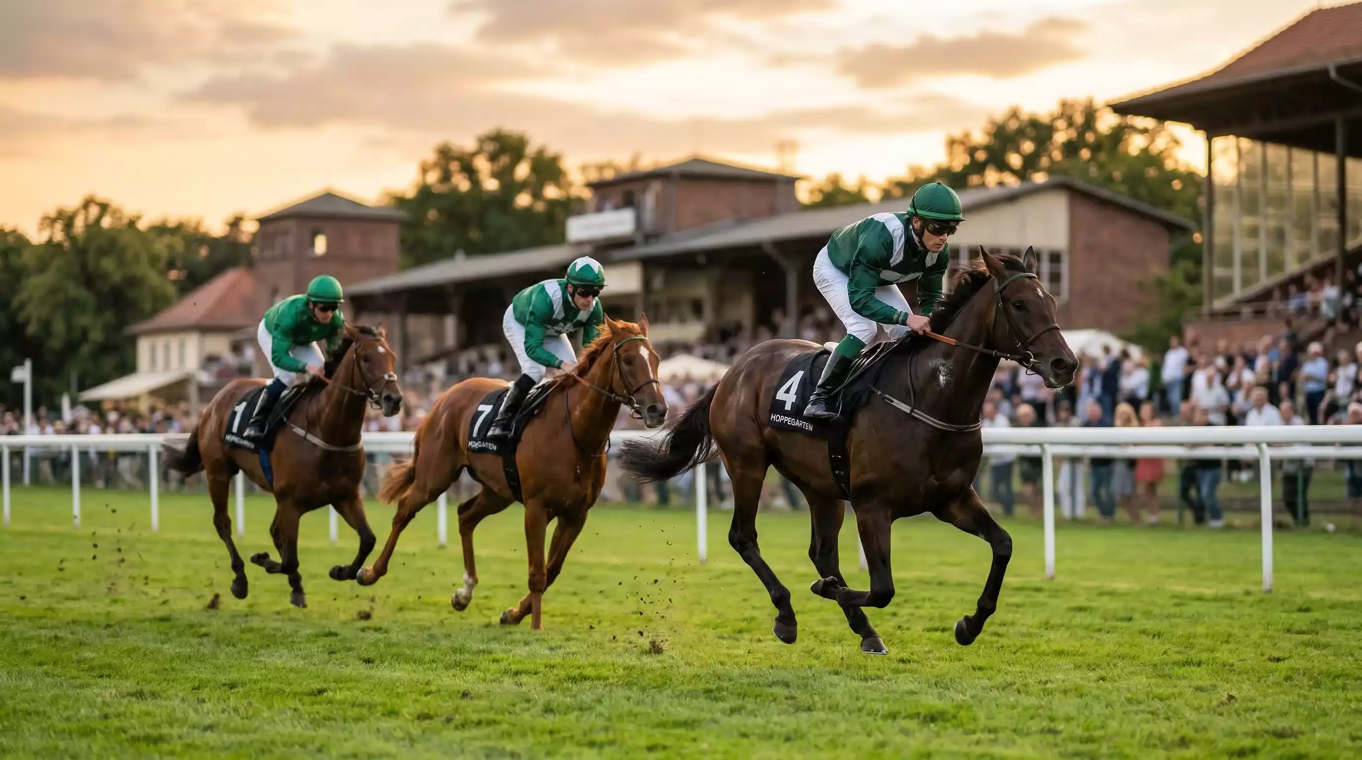 Galopprennen auf einer deutschen Rennbahn mit Jockeys in bunten Trikots
