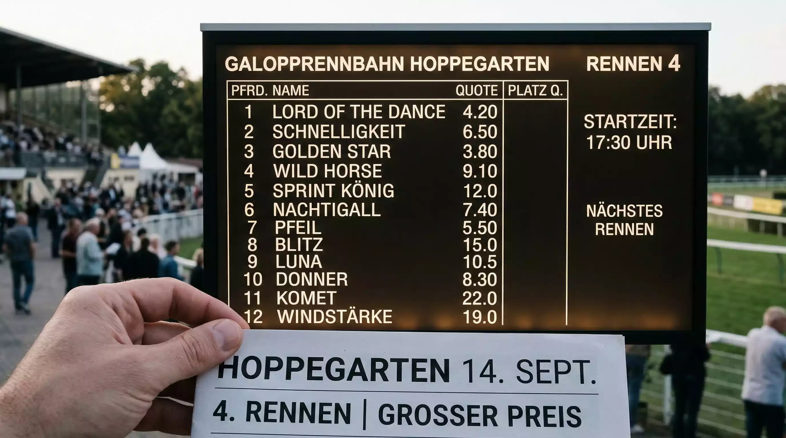 Anzeigetafel mit Quoten und Startnummern auf einer Rennbahn