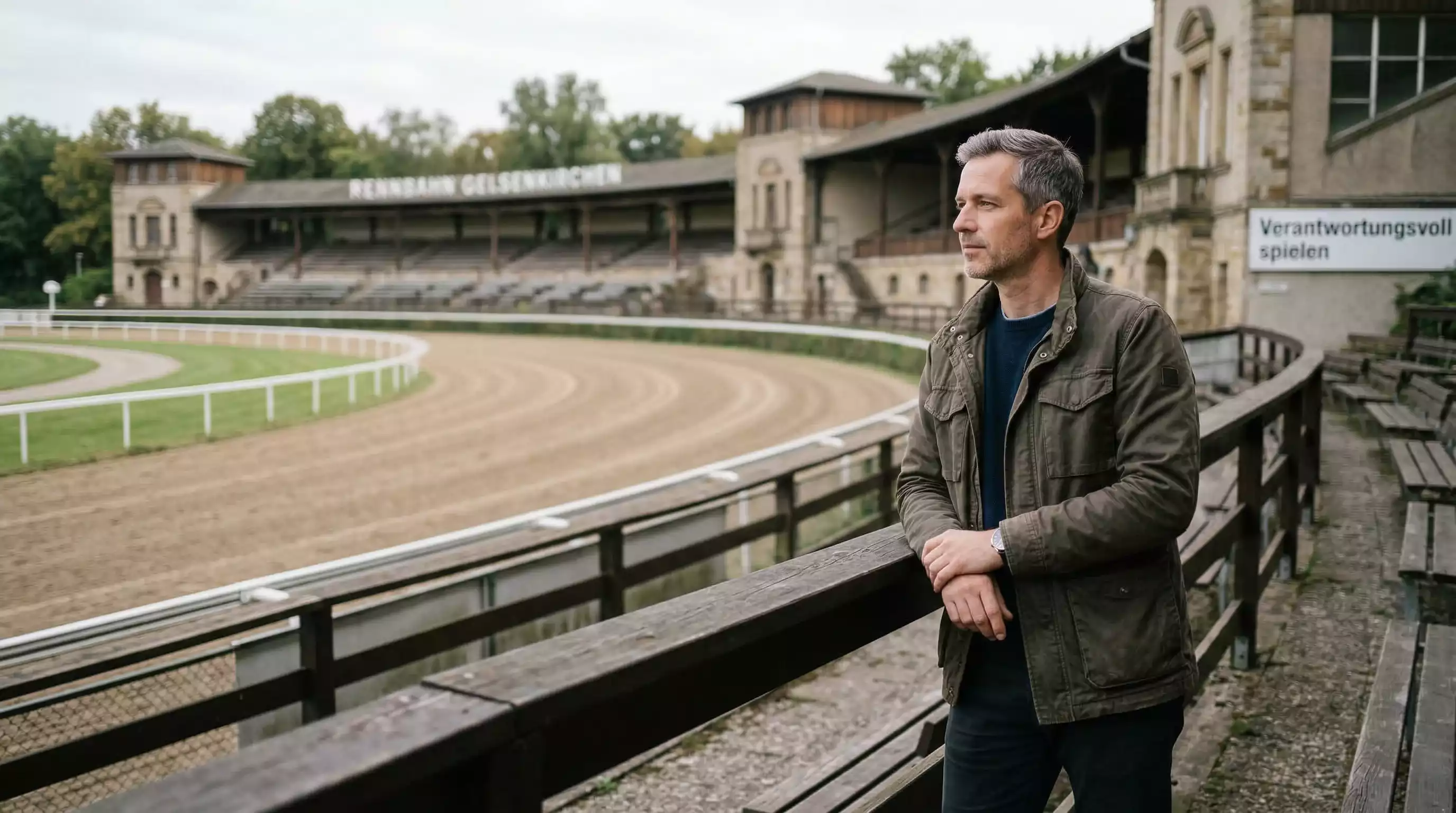 Ruhige Szene auf einer Rennbahn mit Fokus auf einen nachdenklichen Zuschauer