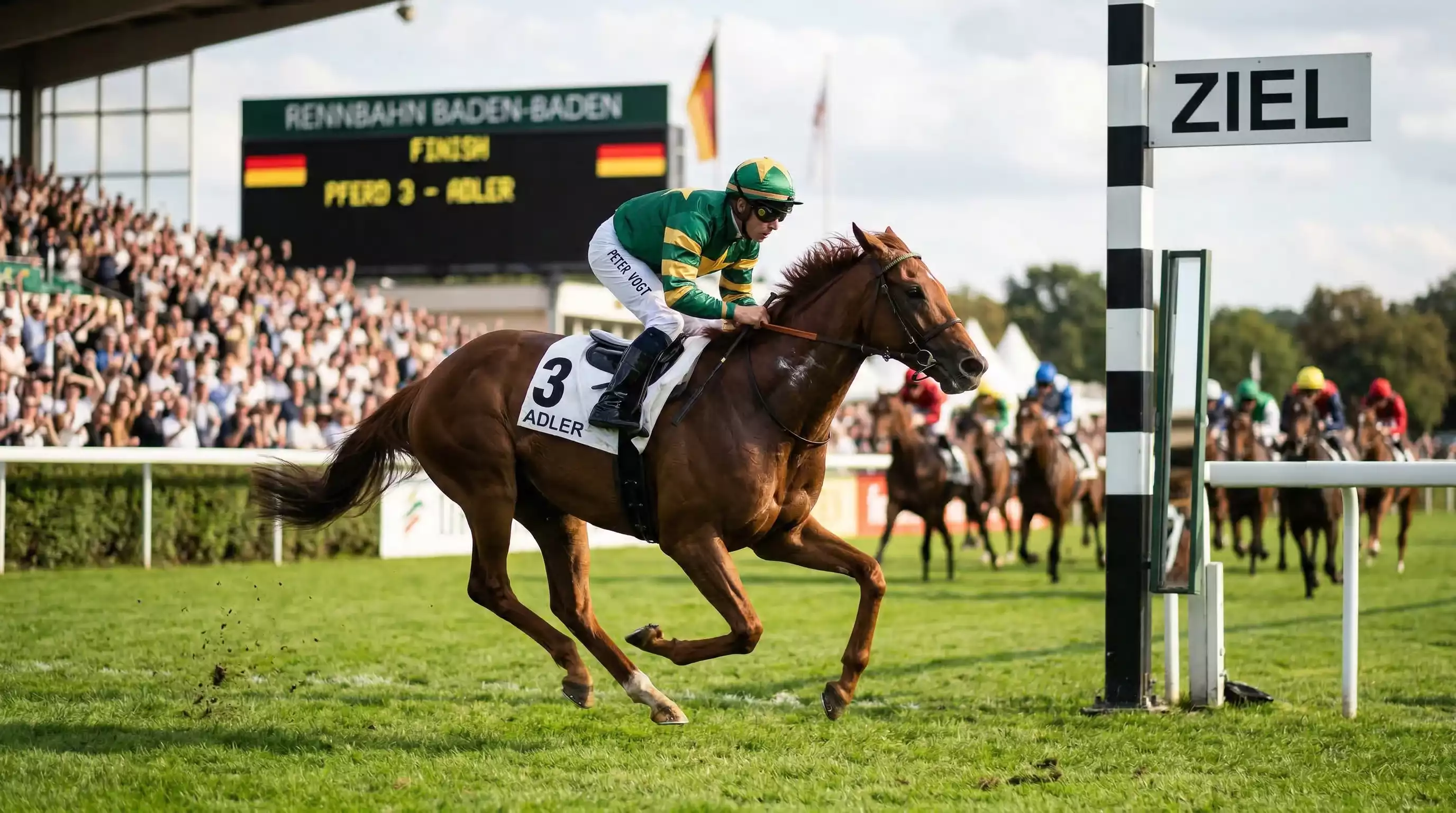 Jockey auf Rennpferd beim Zieleinlauf eines Galopprennens